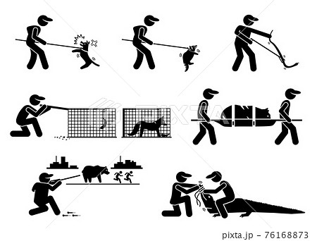 Animal Control Service and Equipments Stick Figure Pictogram Icons. Illustrations depicts animal control officer catching domestic and wild animals with pole, cage, tranquilizer gun, and stretcher. 76168873