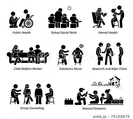 Social Workers Stick Figure Pictogram Icons. Illustrations depict social worker on public health, school, child welfare, substance abuse, research refer client, natural disaster and group counseling. 76168876