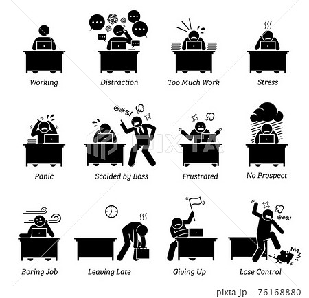 Worker working in a very stressful office workplace. The employee is distracted, having too much work, frustrated and scolded by boss. The job is boring, tiring, inefficient and has no prospect. 76168880
