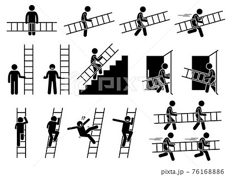 Man with a ladder. Pictogram showing a man holding and carrying a ladder while walking and running. The person also climbing up and down from the ladder. 76168886