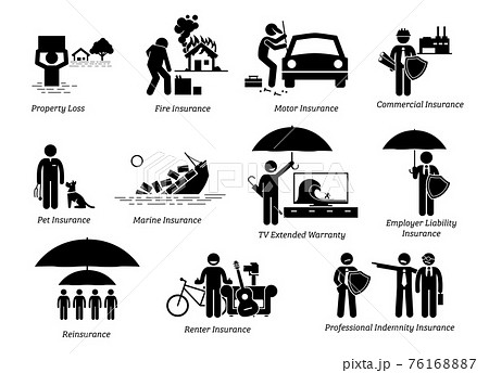 General Insurance Protection. Stick figures depicts general insurance for property loss, fire, motor, commercial, pet, marine, TV, employer liability, reinsurance, renter, and professional indemnity. 76168887