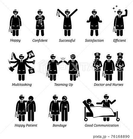 Happy and Cheerful Doctor. Stick figure pictogram depicts a doctor that is feeling confident, successful, and satisfied. The doctor can do multitasking and love his work job at the clinic and hospital 76168890