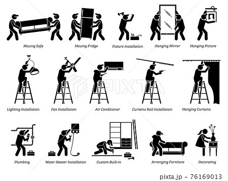 Installation of Home Fixtures and House Decorations Icons. Pictogram depicts workers installing home fixtures, moving in furnitures, and decorating the living space. 76169013