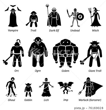 Ancient medieval fantasy evil characters, creatures, and monsters icon set. A vector illustratin of ancient fantasy evil characters from the medieval times. Ancient medieval fantasy evil characters, creatures, and monsters icon set. A vector illustratin of ancient fantasy evil characters from the medieval times. 76169028