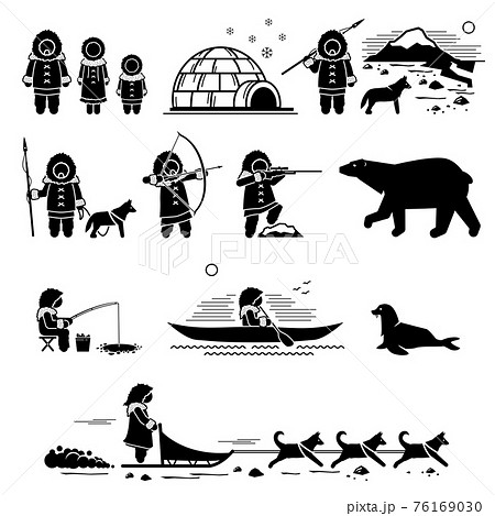 Eskimo people, lifestyle, and animals. Stick figure pictogram depicts Eskimo human, igloo, hunting, fishing, polar bear, husky dog, sled dogs, seal, and canoe. 76169030