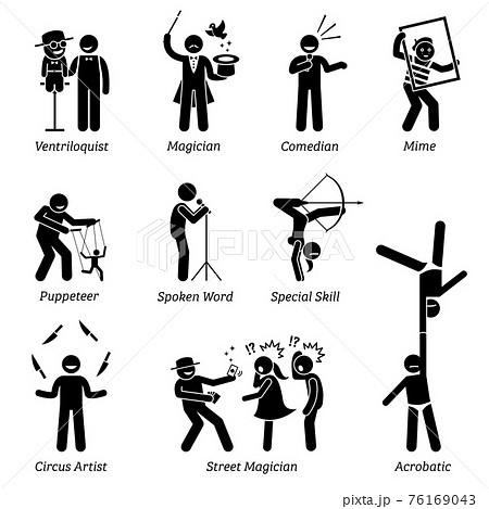 Theater stage performers, entertainers, artists, and live acts. Pictograms depict ventriloquist, magician, comedian, mime, puppeteer, spoken word, circus, street magician, and acrobatic skills. 76169043