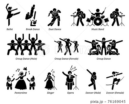 Stage performer artists for musical, dance, and theater show. Pictogram depicts ballet, dancers, music band, pantomime, and singers. 76169045