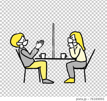カフェでアクリル板越しに会話するカップルのイラストのイラスト素材