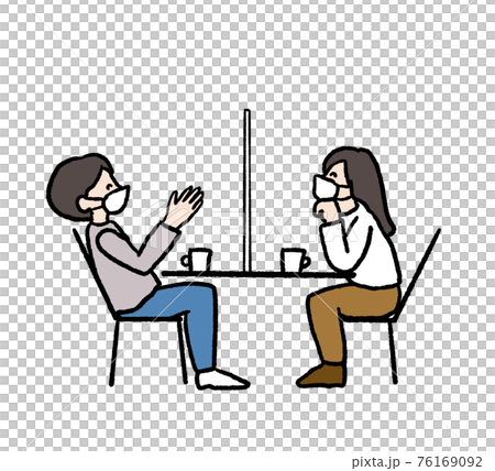 カフェでアクリル板越しに会話するカップルのイラストのイラスト素材