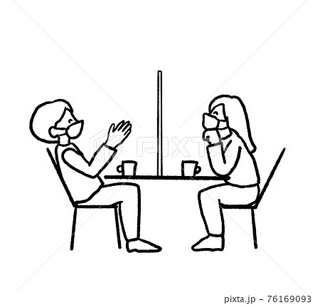 カフェでアクリル板越しに会話するカップルの線画イラストのイラスト素材