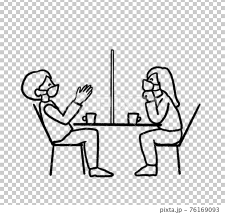 カフェでアクリル板越しに会話するカップルの線画イラスト カフェでアクリル板越しに会話するカップルの線画イラスト 76169093