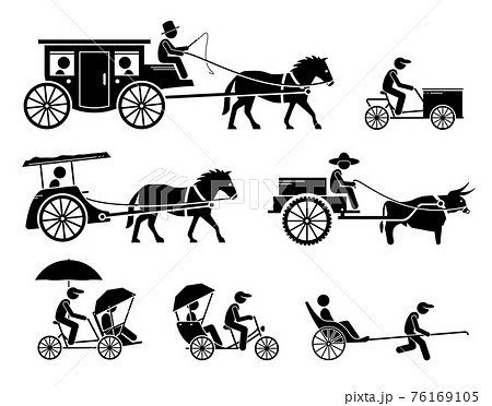 Set of traditional, old, and ancient ground transportations. Pictograms depict dokar, dogcart, horse carriage car, cargo bicycle, bullock cart, trishaw, rickshaw, and horse drawn vehicle. 76169105