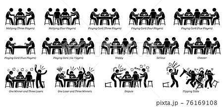 People playing game card, poker card, and mahjong on the table. Pictogram depicts different number of players, reactions, emotions, feelings, and actions of the men who are playing the game card. People playing game card, poker card, and mahjong on the table. Pictogram depicts different number of players, reactions, emotions, feelings, and actions of the men who are playing the game card. 76169108