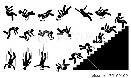 Man falling and felling down. Pictogram shows a person fall down and knock on different parts of the body. The injuries are on back, elbow, head, knee, and neck. He also fell down from the staircases. 76169109