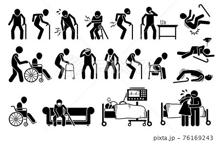 Injured old man with body ache and joint pain. Vector illustrations of elderly men with injury using wheelchair, bandage plaster cast for broken bone. People on ventilator respirator at ICU hospital. 76169243