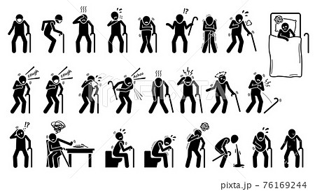 Sick old man infected with disease signs and symptoms. Vector illustrations icons of elderly old man with sickness and illness showing symptoms and syndromes of infection and health problems. 76169244