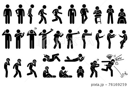 Man using, holding, and carrying phone or smartphone in different basic position and postures. Stick figures depict a set of human with a cellphone. Man using, holding, and carrying phone or smartphone in different basic position and postures. Stick figures depict a set of human with a cellphone. 76169259