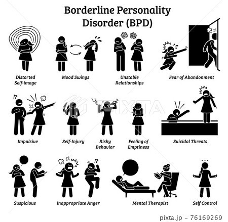 Borderline personality disorder BPD signs and symptoms. Illustrations depict a woman with mental health disorder having difficulty in life and relationship. Borderline personality disorder BPD signs and symptoms. Illustrations depict a woman with mental health disorder having difficulty in life and relationship. 76169269