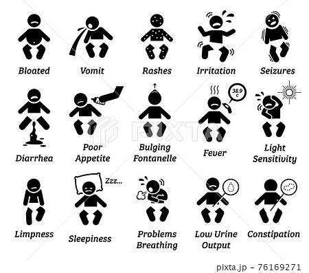 Baby illness and sickness sign and symptoms. Illustrations depict unhealthy baby infant having bloated stomach, vomit, rashes, seizure, diarrhea, fever, fussy, weakness, breathing problem, and more. 76169271