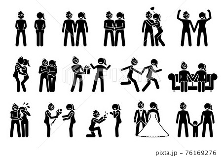 Happy lesbian female couple. Illustrations depict the relationship between two homosexual women spending their life together. 76169276