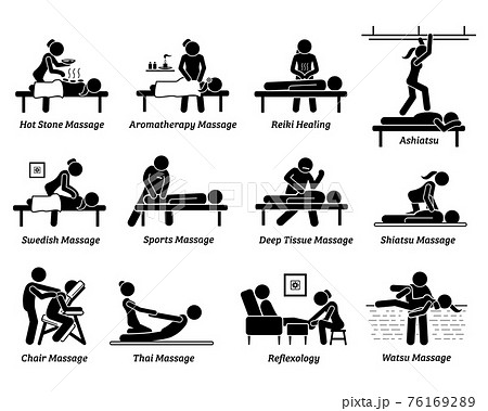 Type of massages and therapies. Artworks depict hot stone massage, aromatherapy, Reiki healing, ashiatsu, Swedish, sport massage, deep tissue, Shiatsu, chair, Thai massage,foot reflexology, and Watsu. 76169289