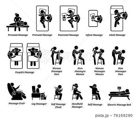 Human masseur and massage equipments. Artworks depict massage for prenatal, postnatal, infant, adult, and couple. Equipment and massage tools include chair, leg, handheld tool, and bed. 76169290
