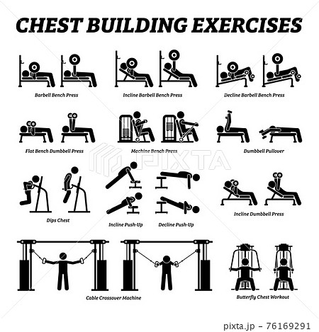 Chest building exercises and muscle building stick figure pictograms. Artworks depict a set of weight training reps workout for chest muscle by gym machine and tools with step by step instructions. 76169291