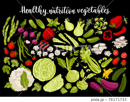 Diet food concept. Low carbs vegetables. Cabbage, tomatoes, peppers, sprouts and shoots, mushrooms and other. 76171735