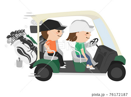 ゴルフコースを走るゴルフカートのイラスト 男性と女性が楽しそうに乗っている のイラスト素材