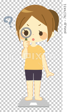 Woman on a scale with a magnifying glass Woman on a scale with a magnifying glass 76174431