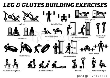 Legs and glutes building exercise and muscle building stick figure pictograms. Artworks depict set of weight training reps workout for legs and glutes by gym machine tools with instructions and steps. 76174754