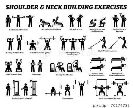 Shoulder and neck building exercise and muscle building stick figure pictograms. Set of weight training reps workout for shoulder and neck by gym machine tools with instructions and steps. 76174755