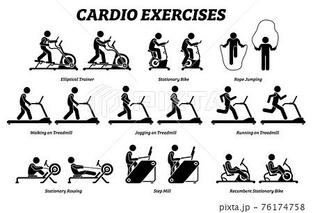Cardio exercises and fitness training at gym. Artworks depict cardio exercise machine, elliptical trainer, stationary bike, rope jumping, treadmill, step mill, stationary rowing, and recumbent bike. 76174758