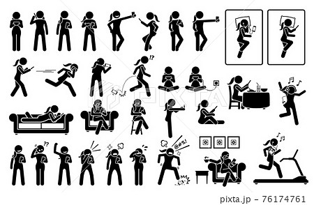 Woman using phone or smartphone in different poses, actions, emotions, reactions, and places. Artworks depicts a female stick figure using cellphone at bed, sofa, chair, restaurant, and gym room. 76174761
