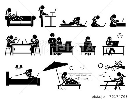 Woman using computer on different postures, poses, and places. Artwork depicts girl use a laptop to access and browse Internet at home, office, cafe, bedroom, beach, and outdoor park. 76174763
