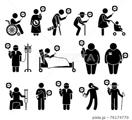 Medical healthcare mobile phone app for people in need. Vector artwork depicts handicapped, pregnant woman, elderly, cancer patient, and blind man using smartphone app. 76174770