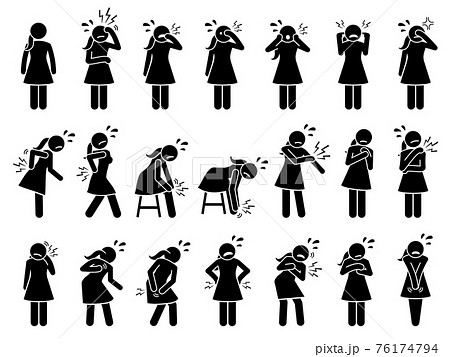 Woman having pain and aches in different parts of the body. Stick figure pictogram icons depict girl with pain, injury, sore muscles, soreness, strain, discomfort, spinal issue, and spine problem. Woman having pain and aches in different parts of the body. Stick figure pictogram icons depict girl with pain, injury, sore muscles, soreness, strain, discomfort, spinal issue, and spine problem. 76174794