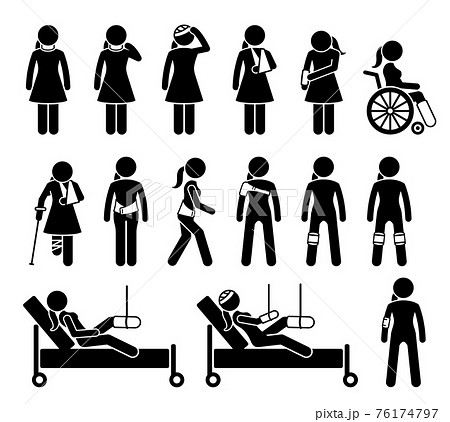 Orthopedics medical products support for pain and body injury due to accident. Icons include neck support collar, head bandage, broken arm cast sling, backache belt, knee protector, and splint. 76174797