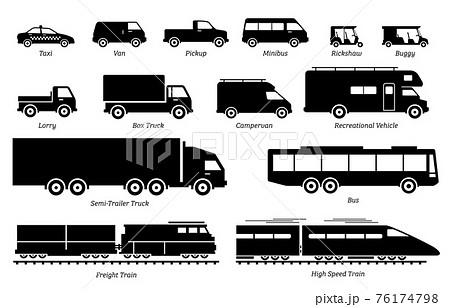 List of commercial landed vehicles transportation icons. Illustrations artwork depict land transport for commercial  work. These are taxi, van, pickup, truck, bus, lorry, and train. 76174798