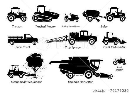 List of agriculture farming vehicles, tractors, trucks, and machines. Illustrations depict tractor, lawn mower, baler, farm truck, crop sprayer, front end loader, tree shaker, and combine harvester. 76175086