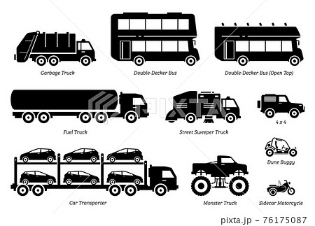 List of special purpose vehicles icon set. Side view artwork of garbage truck, double decker bus, fuel truck, street sweeper, 4wd, car transporter, monster truck, dune buggy, and sidecar motorcycle. 76175087