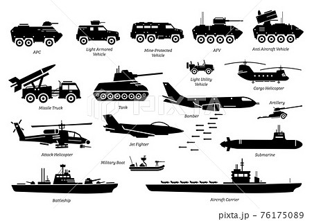 Military combat vehicles, transportation, and machine icon set. Artwork depicts army armored vehicle, tank, missile truck, bomber, attack helicopter, jet fighter, warship, boat, ship, and submarine. 76175089