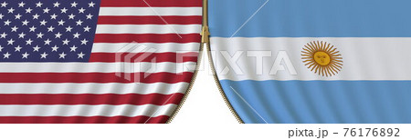 United States and Argentina cooperation or conflict, flags and closing or opening zipper between them. Conceptual 3D rendering United States and Argentina cooperation or conflict, flags and closing or opening zipper between them. Conceptual 3D rendering 76176892