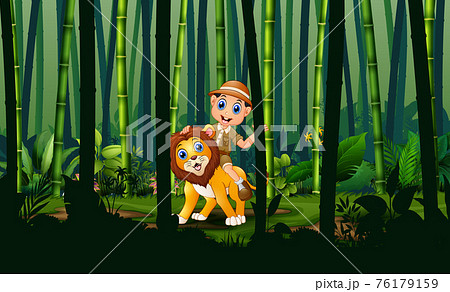 Zookeeper boy and lion in the bamboo forest 76179159