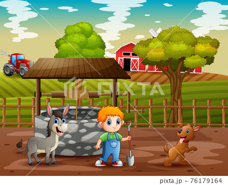 Young farmer and animals in the farmland 76179164