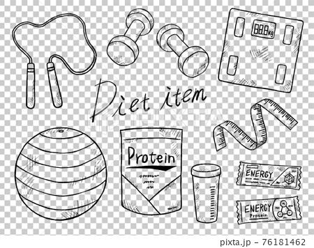 ダイエット道具やダイエットアイテムの白黒手書きイラストイメージのイラスト素材