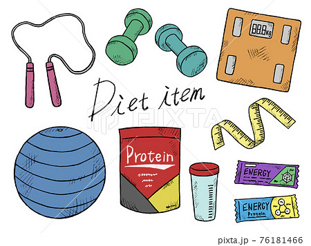 ダイエット道具やダイエットアイテムの手書きイラストイメージのイラスト素材
