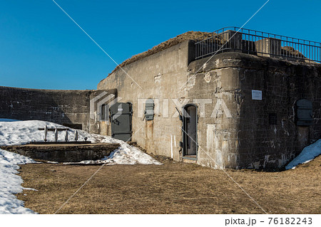 Russia. Kronstadt. April 3, 2019. South Mortar Battery, built in 1902-1905 under the open sky in Patriot Park. Now the object of cultural heritage and excursions. Russia. Kronstadt. April 3, 2019. South Mortar Battery, built in 1902-1905 under the open sky in Patriot Park. Now the object of cultural heritage and excursions. 76182243