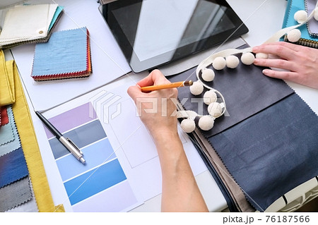 Interior design, fabric samples sketches digital tablet designers hands choosing materials Interior design, fabric samples sketches digital tablet designers hands choosing materials 76187566