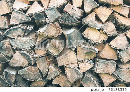 Old Wooden pile prepared for winter. Fuel for countryside fireplace. Forest timber energy concept, Texture woodpile. Kindling construction background. Firewood or fuelwood stacked by a wall 76188536